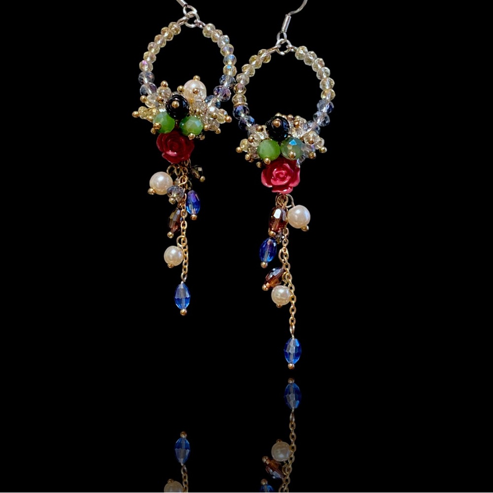 Handmade Bohemian Floral Wedding Earrings - Beaded Chandelier Dangles - Picture 4 of 15
